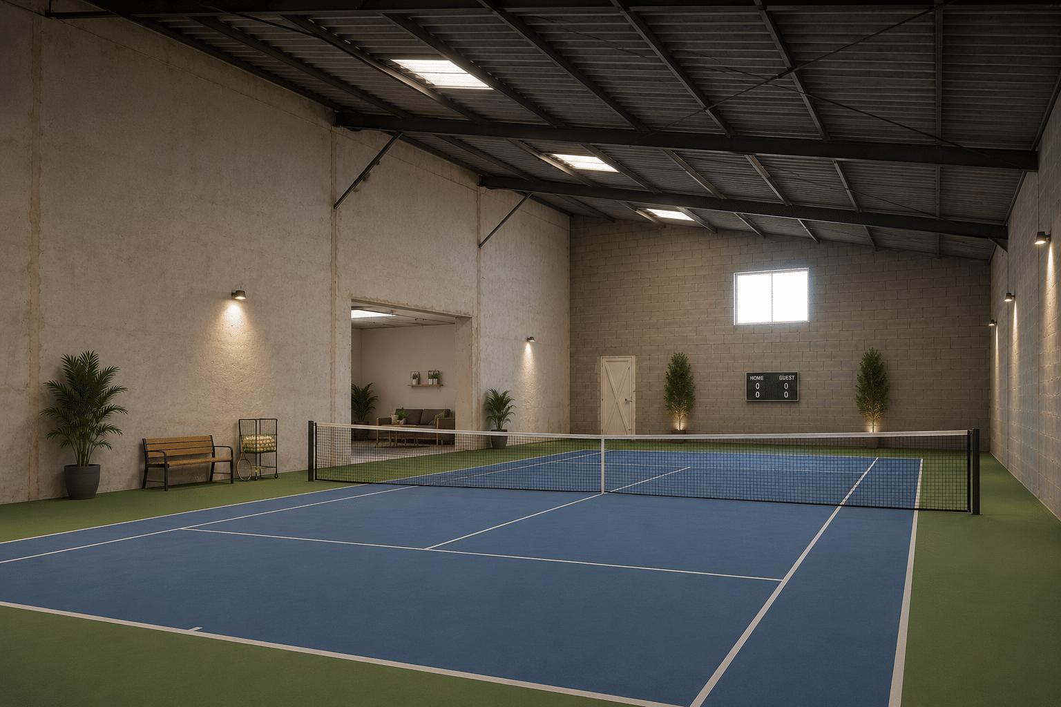 Salle de tennis intérieure avec terrain bleu, banc et plantes, éclairage moderne.