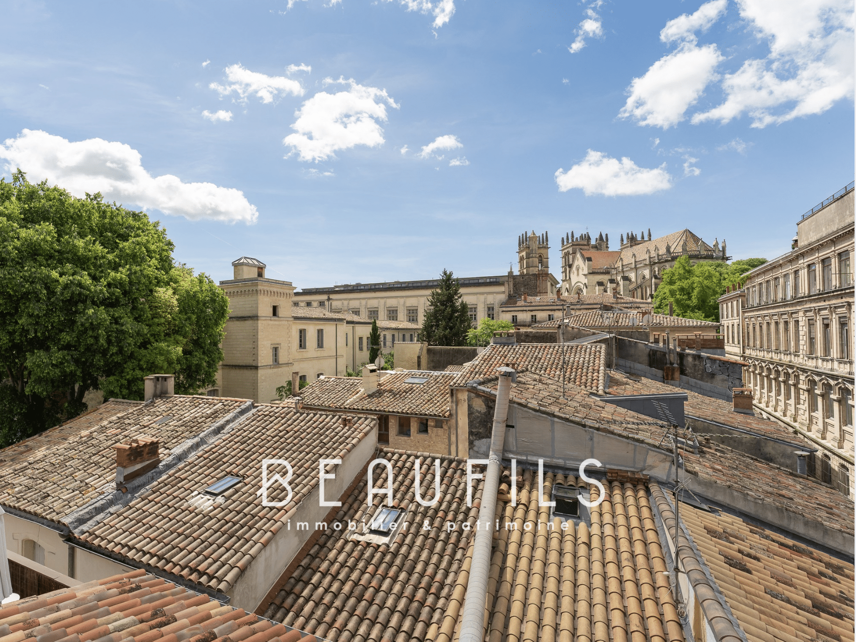 Vue panoramique sur les toits de Montpellier avec la Cathédrale Saint-Pierre en arrière-plan.
