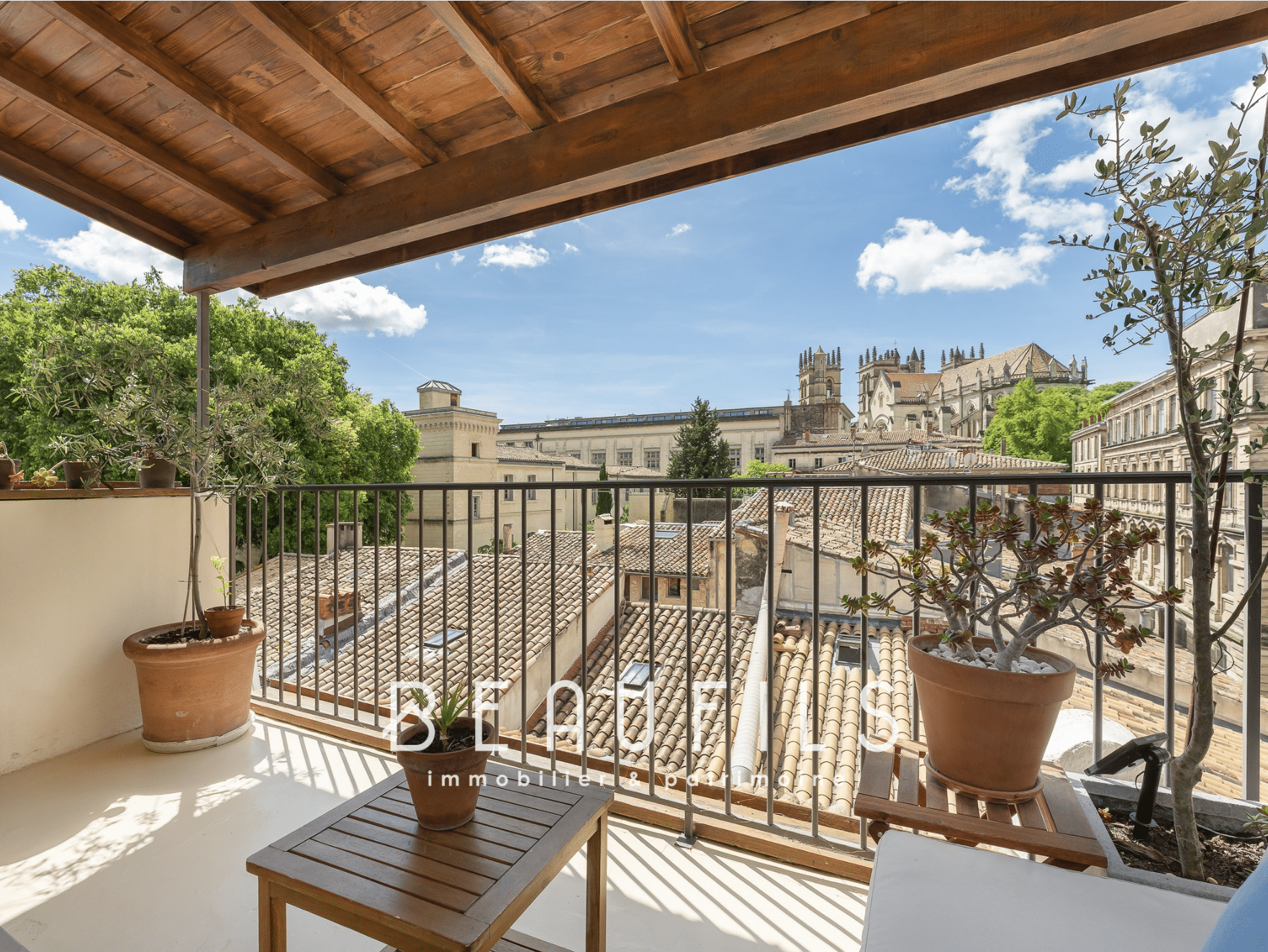 Vue depuis une terrasse tropézienne sur les toits de Montpellier avec la Cathédrale Saint-Pierre en arrière-plan.