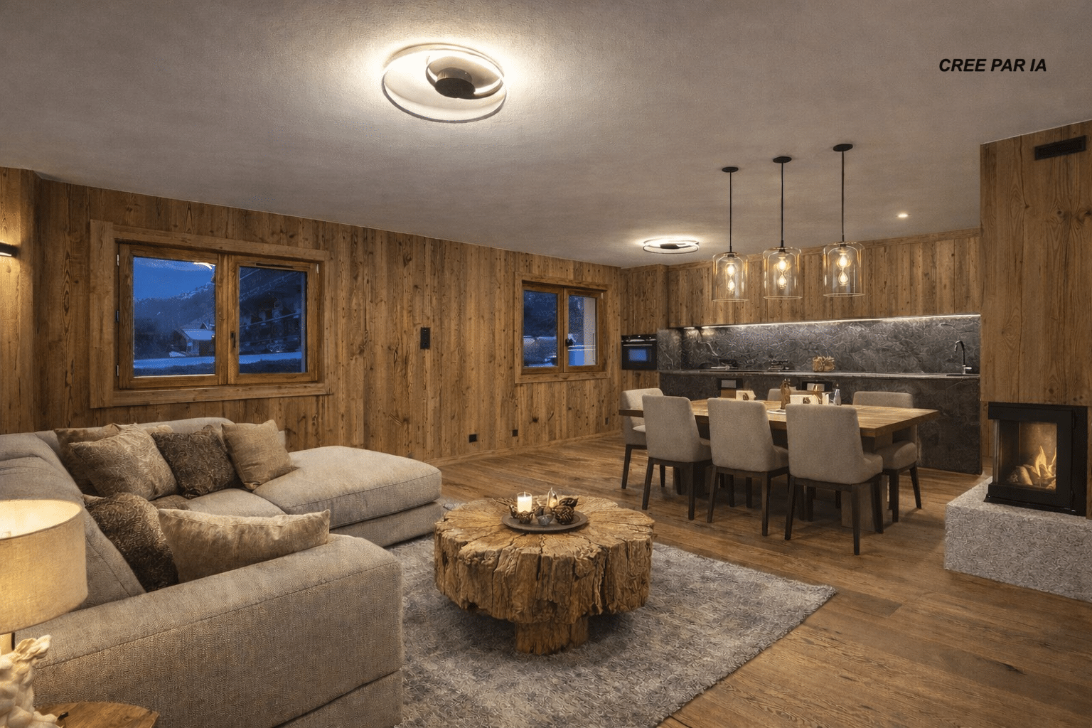 Chalet Arcadia à Megève Intérieur d'un chalet rénové avec un salon, une salle à manger et des murs en vieux bois à Megève.