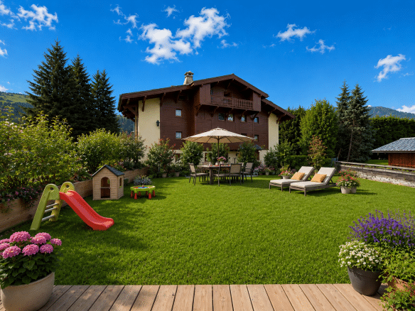 Jardin d'un chalet à Megève avec pelouse, mobilier de jardin et jeux pour enfants.