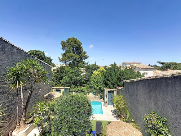 View of a swimming pool surrounded by vegetation in a winemaker's house in Saint-Georges-d'Orques.