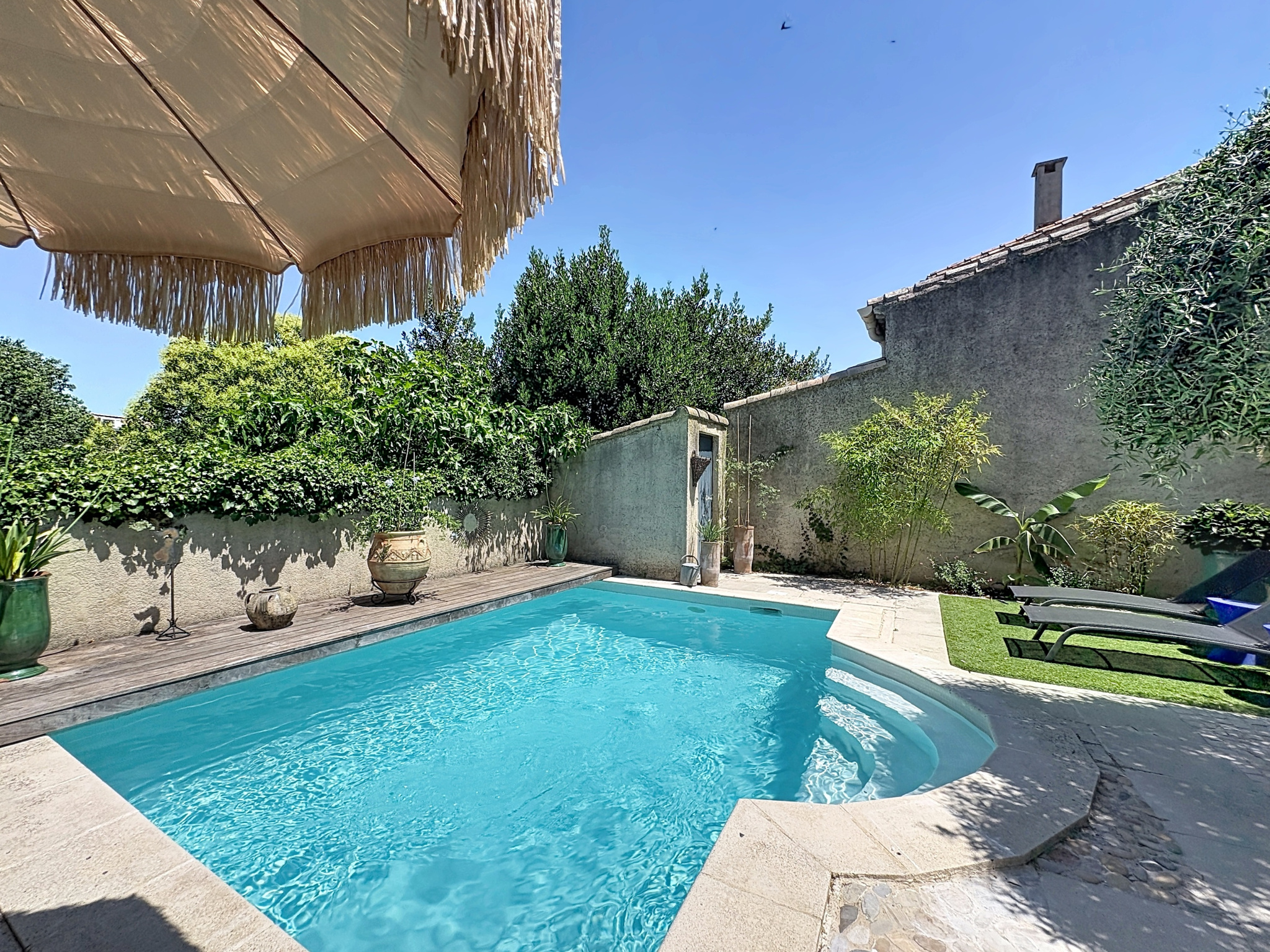 Renovated swimming pool surrounded by vegetation in a winemaker's house in Saint-Georges-d'Orques.