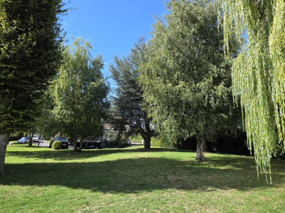 Jardin arboré avec arbres et espace vert à Bauvin, sous un ciel bleu.