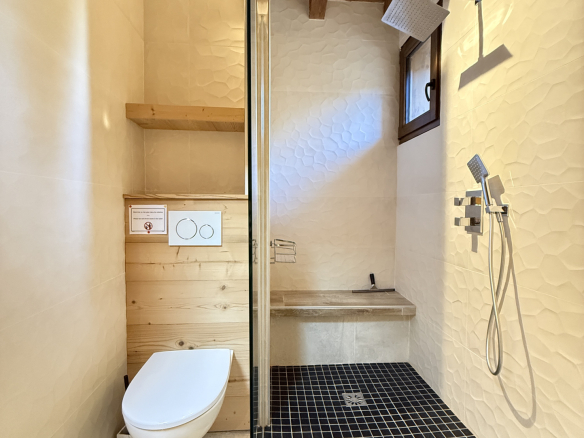 Modern bathroom with shower and toilet in an alpine chalet.
