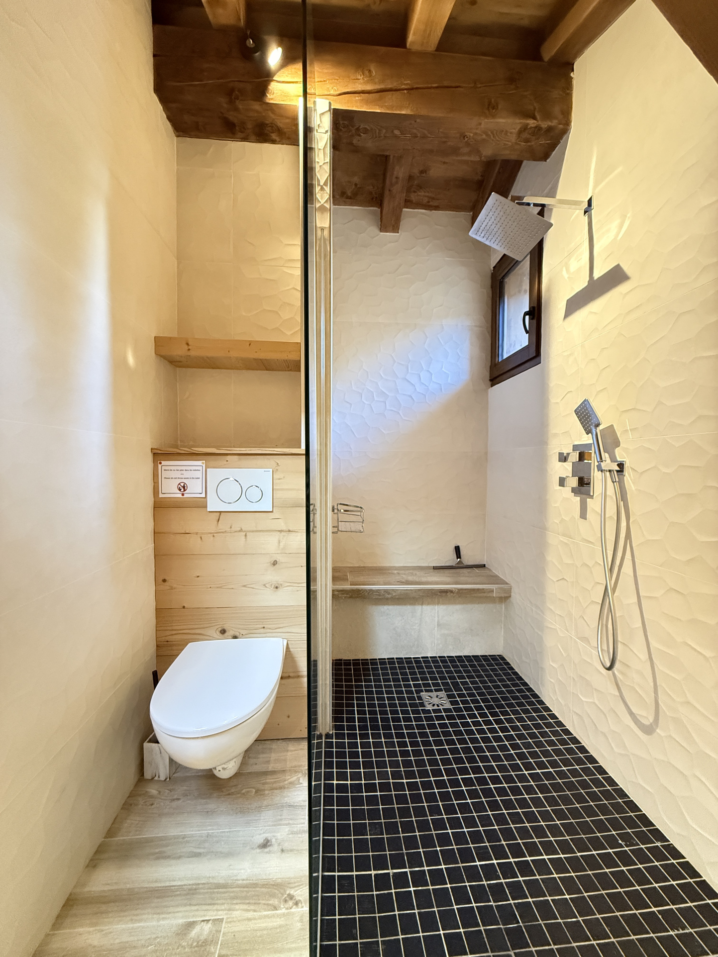 Bathroom of a chalet in Combloux Modern bathroom with shower and toilet in an alpine chalet.