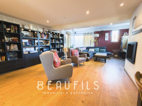 Interior of a family villa with spacious living room and library, Frontignan.