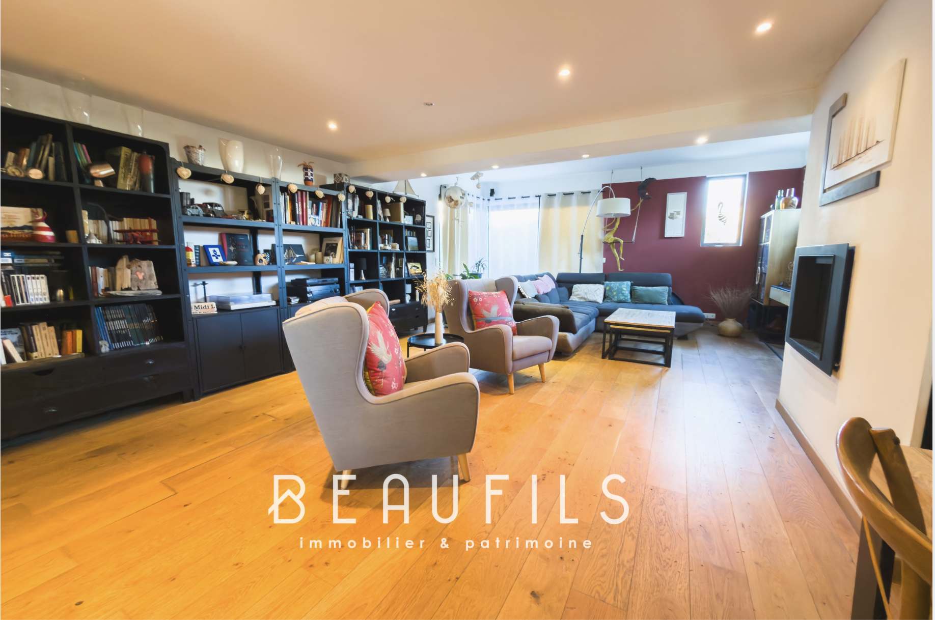 Interior of a family villa with spacious living room and library, Frontignan.
