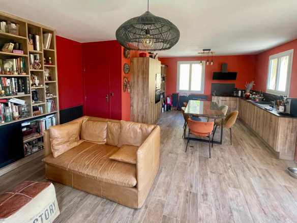 Interior of a house with living room, library and dining room, modern decor.