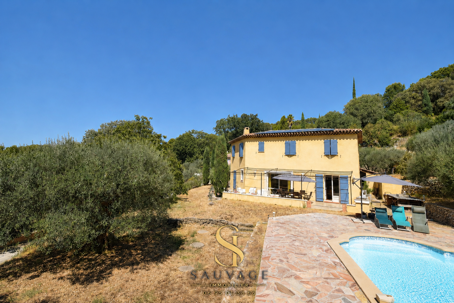 Family country house with swimming pool in Draguignan, overlooking the garden and olive trees.