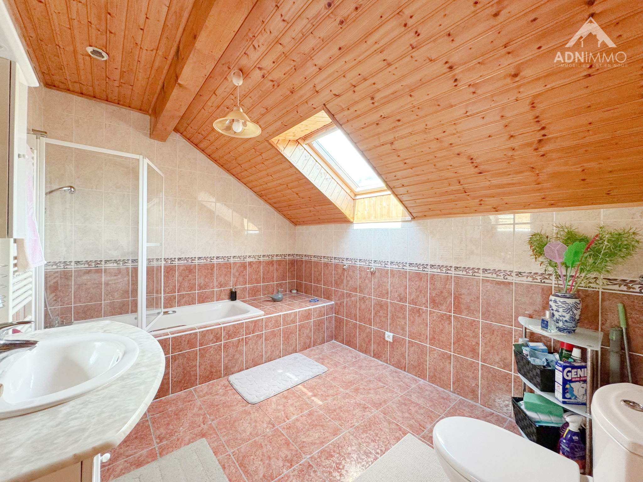 Bathroom in the house in Sergy Spacious bathroom with bathtub and shower, wooden ceiling, skylights.