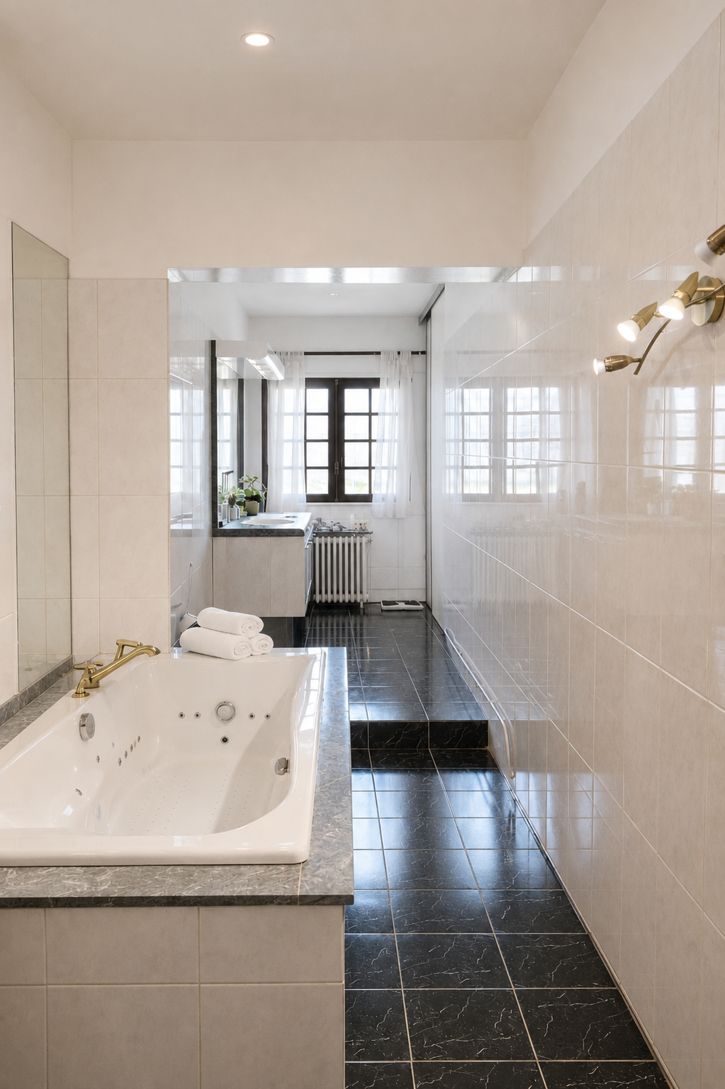 Contemporary bathroom Modern bathroom with bathtub, black and white tiles, and windows letting in light.