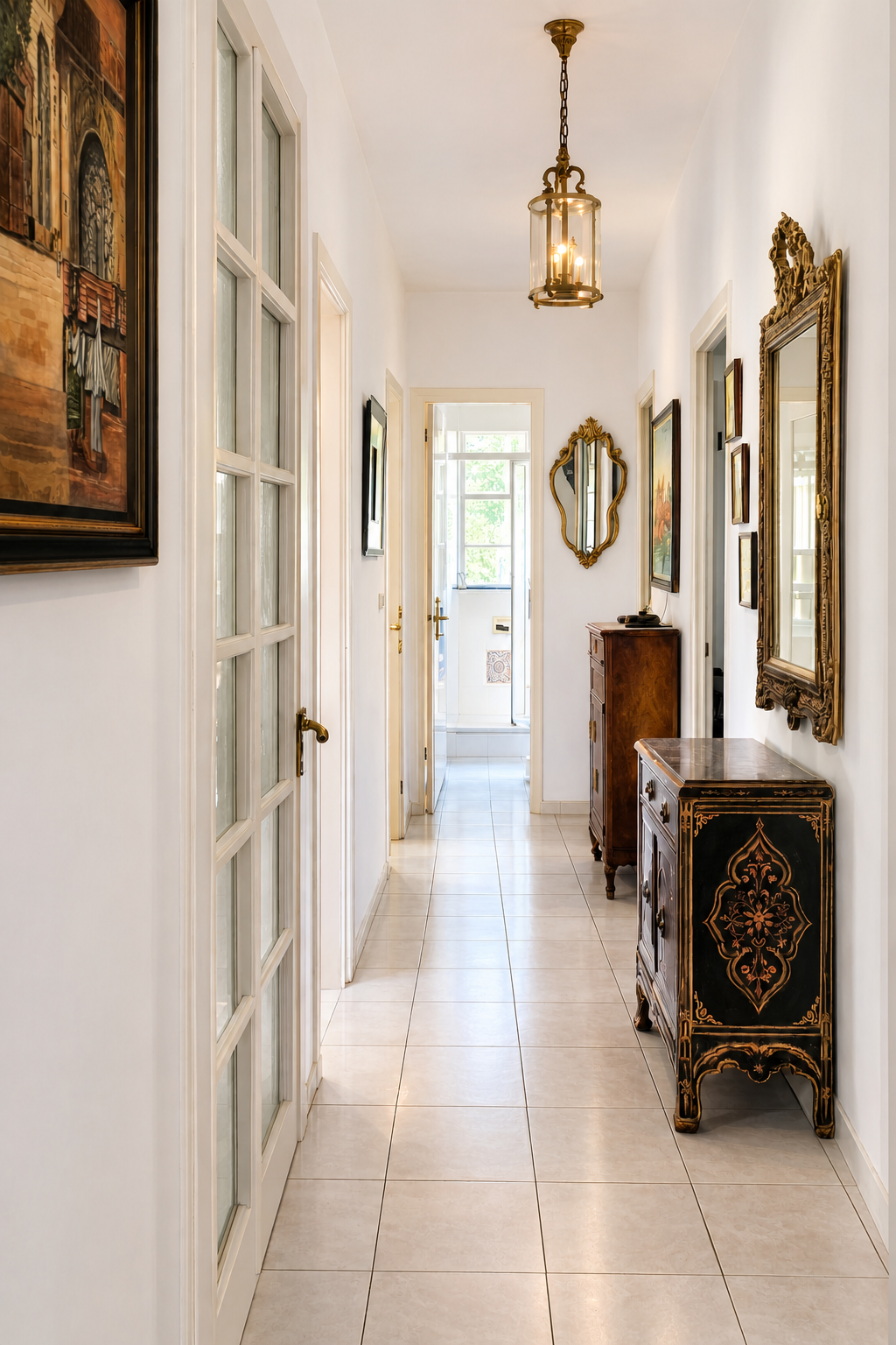 Interior of a property in Gradignan Interior of a house with a bright hallway, paintings and antique furniture.