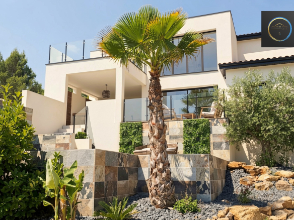 View of a contemporary villa with palm tree and landscaping in Clermont-l'Hérault.