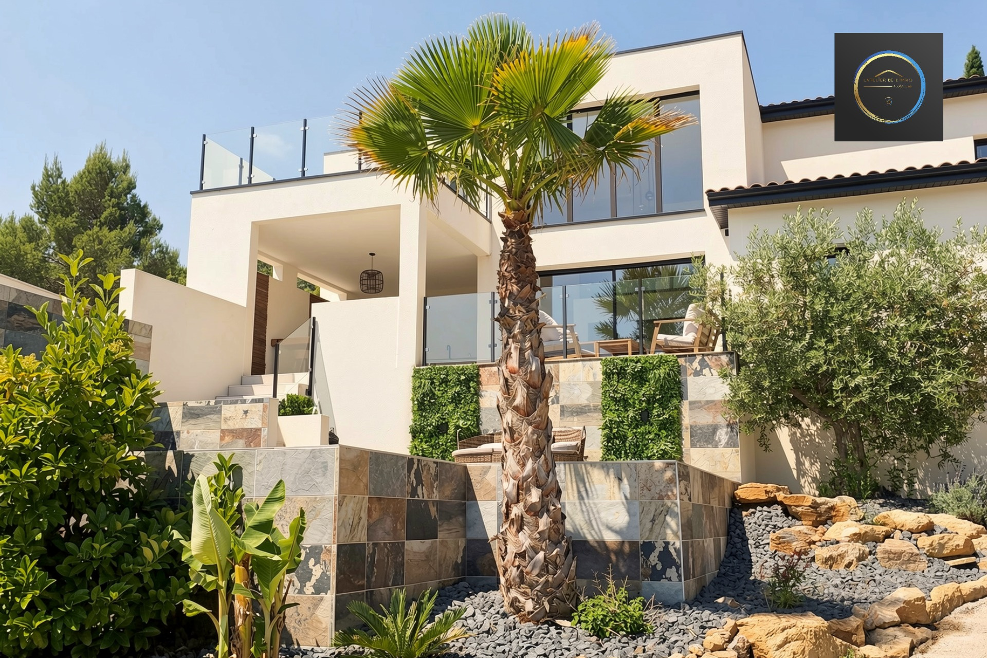 Contemporary villa in Clermont-l'Hérault View of a contemporary villa with palm tree and landscaping in Clermont-l'Hérault.