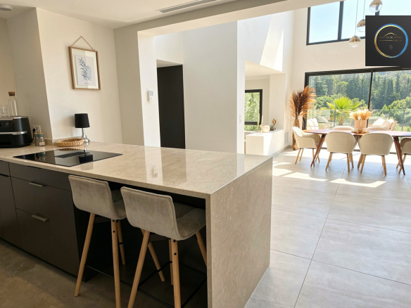 Interior of a contemporary villa with a modern kitchen and a bright dining room.