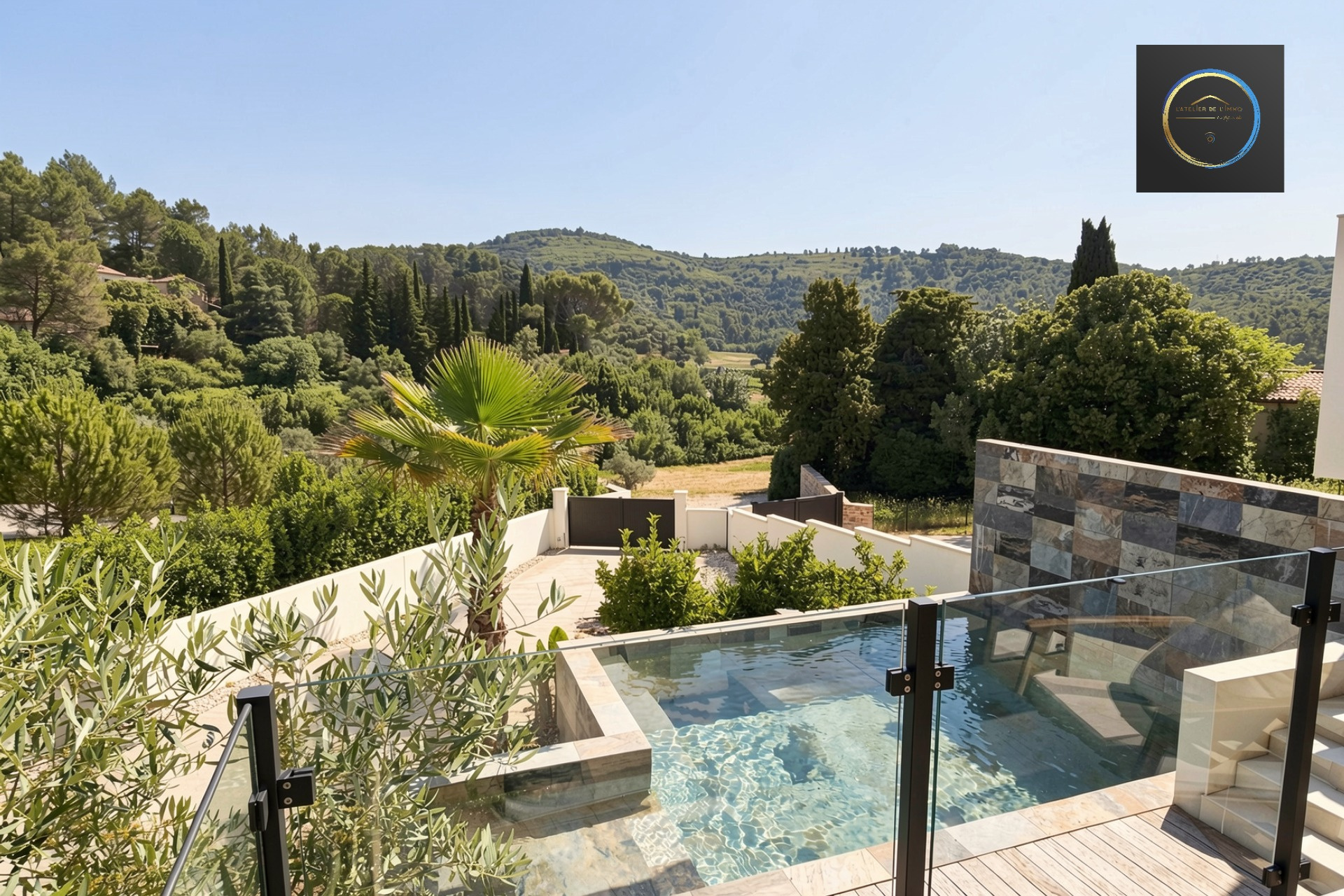 Contemporary villa in Clermont-l'Hérault View of a contemporary villa with swimming pool and green landscape in Clermont-l'Hérault.