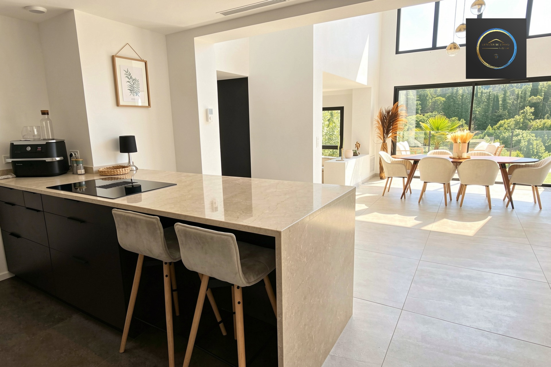 Interior of a contemporary villa Interior of a contemporary villa with open kitchen and bright dining room in Clermont-l'Hérault.
