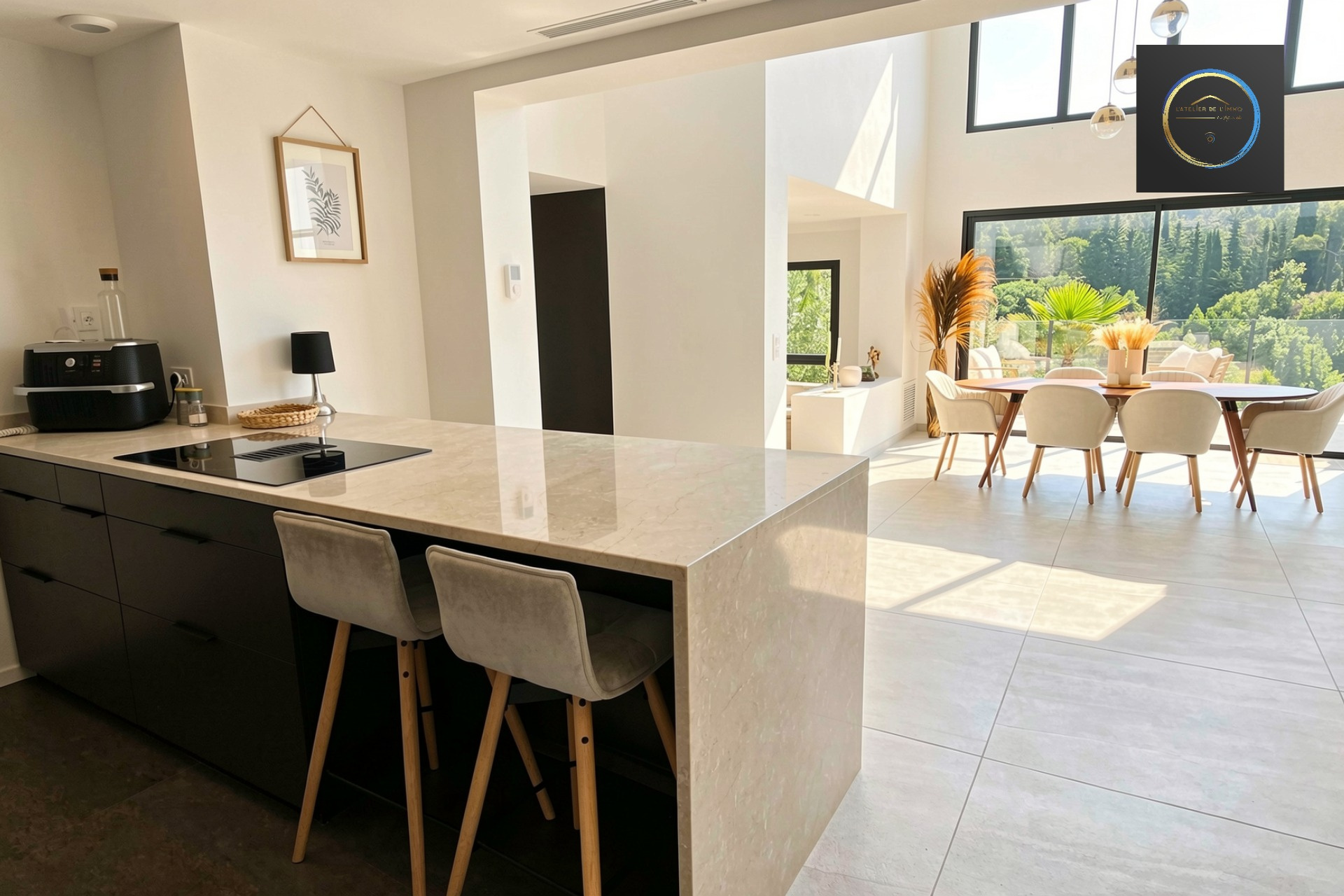 Interior of a contemporary villa Interior of a contemporary villa in Clermont-l'Hérault with modern kitchen and bright dining room.
