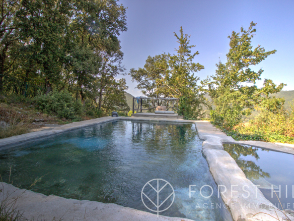 Natural swimming pool surrounded by trees and greenery in a peaceful setting in Montbolo.