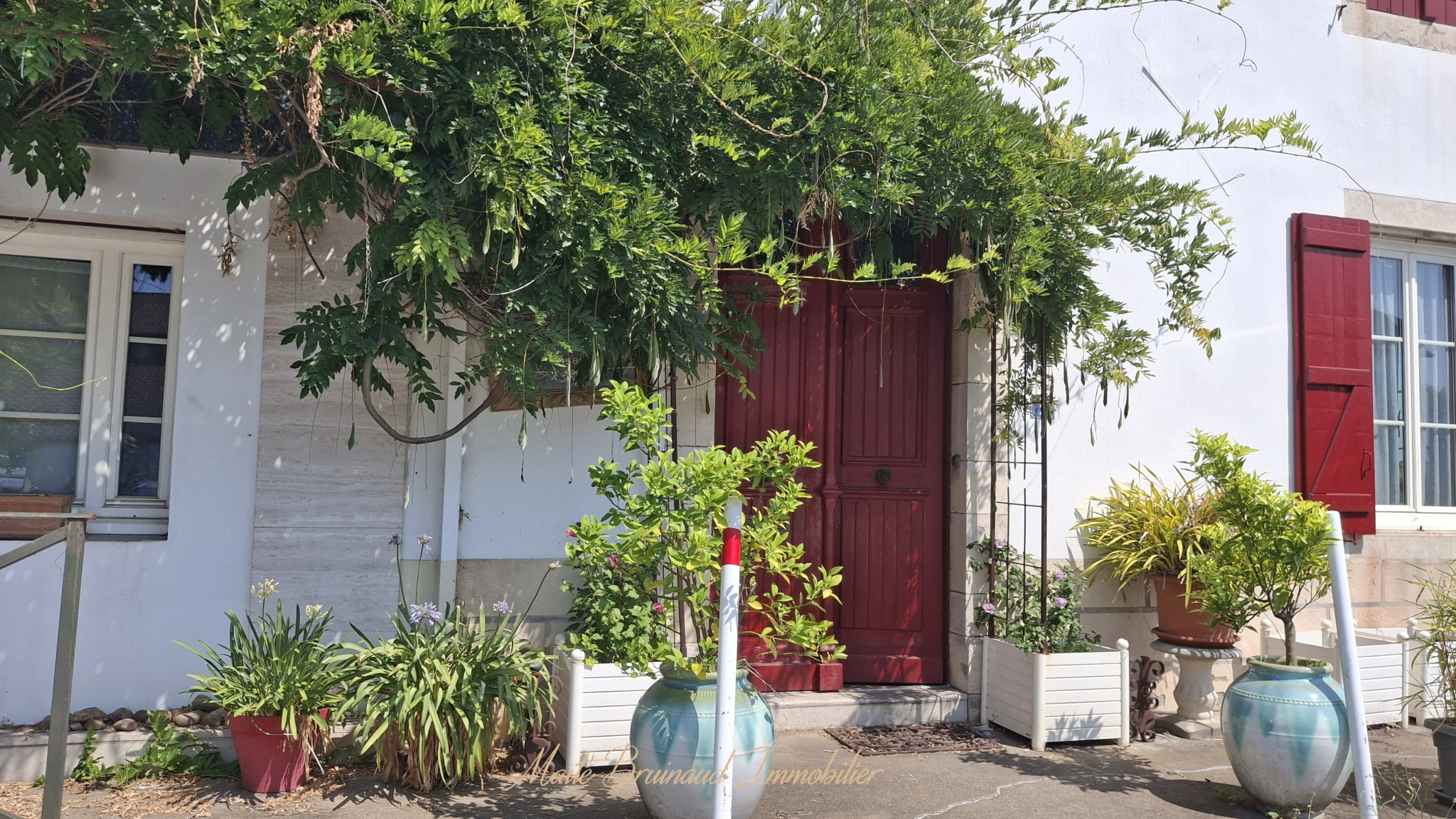Entrée d'une maison de caractère à Ustaritz, avec une porte rouge et des plantes devant.