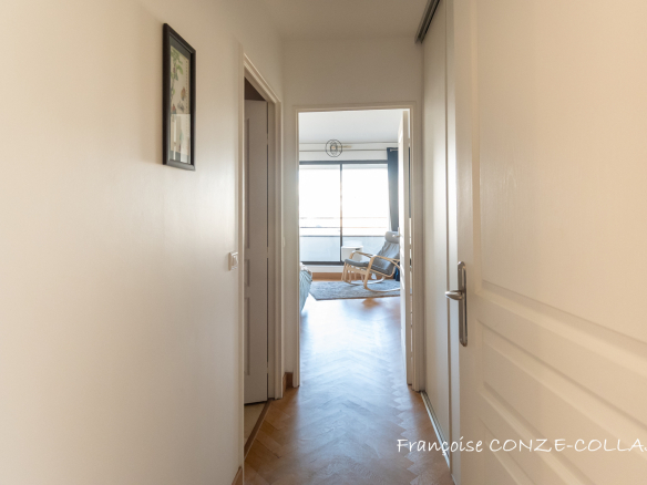 Couloir d'un appartement lumineux avec accès à un séjour spacieux.