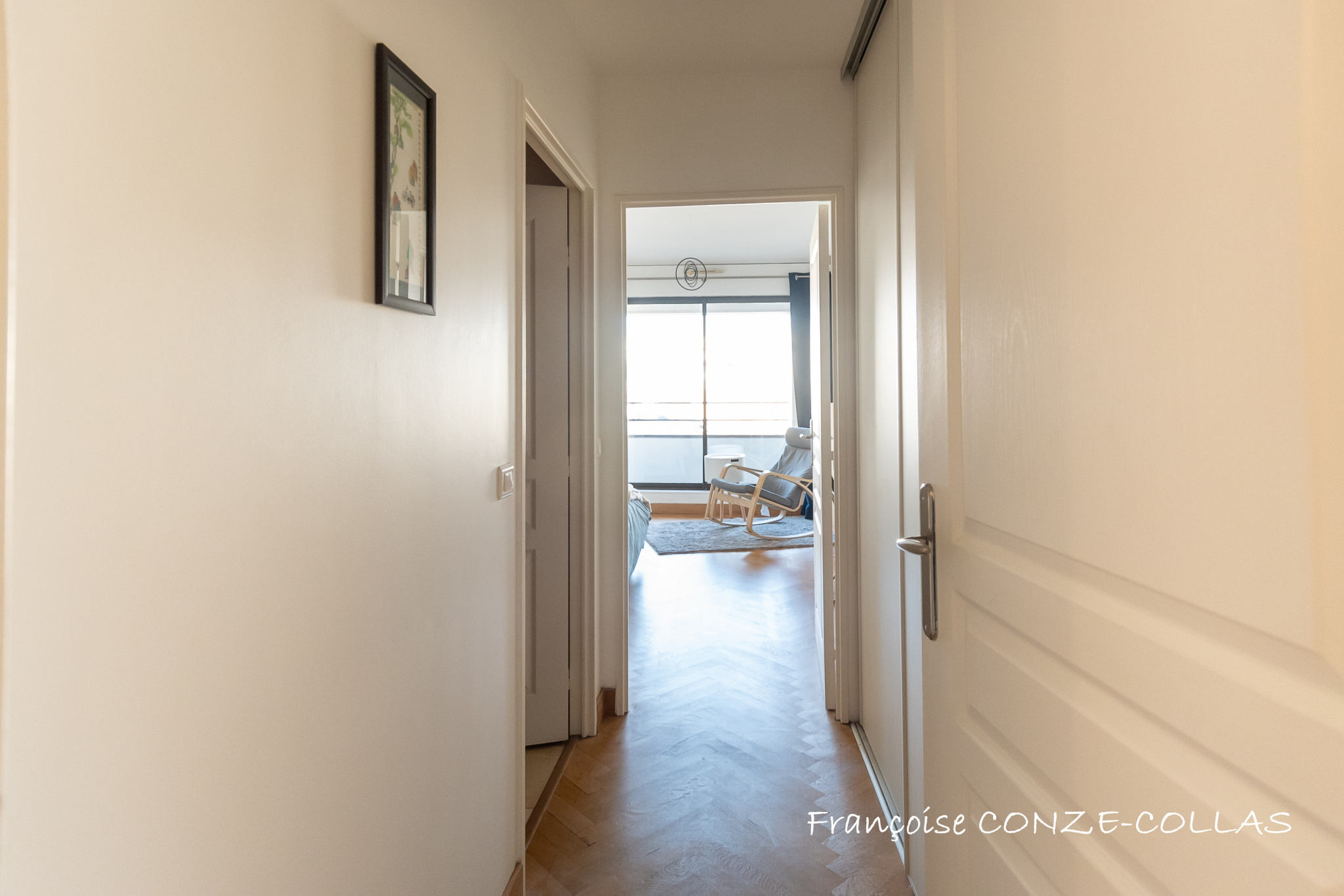 Couloir d'un appartement lumineux avec accès à un séjour spacieux.