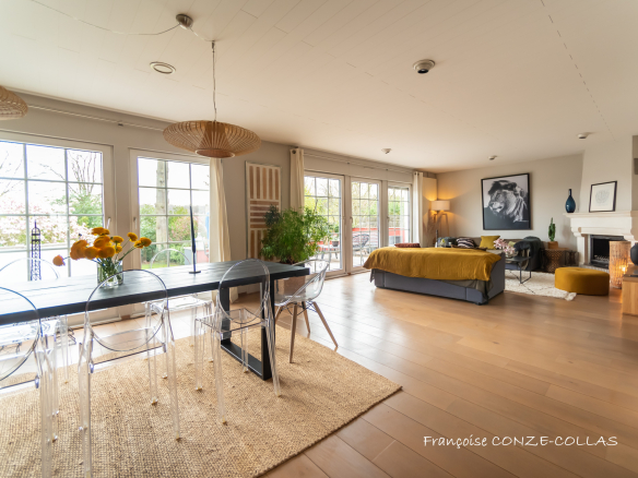 Intérieur d'une maison spacieuse avec salon, salle à manger et jardin visible à travers de grandes fenêtres.