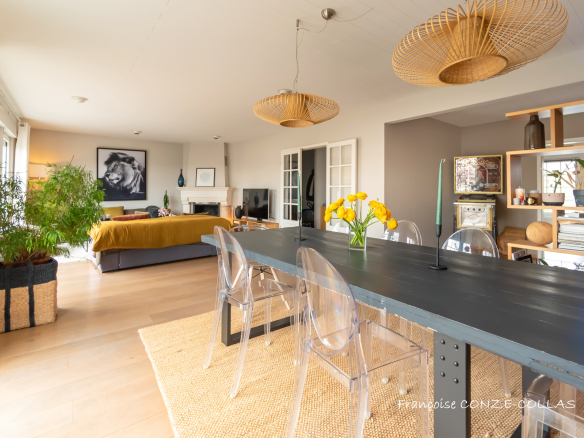 Intérieur d'une maison moderne avec salon et salle à manger, décoration contemporaine et lumière naturelle.