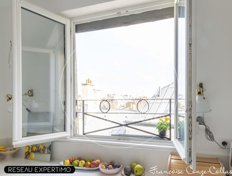 Vue depuis une fenêtre d'appartement avec balcon, fruit sur le rebord, toits de Versailles en arrière-plan.