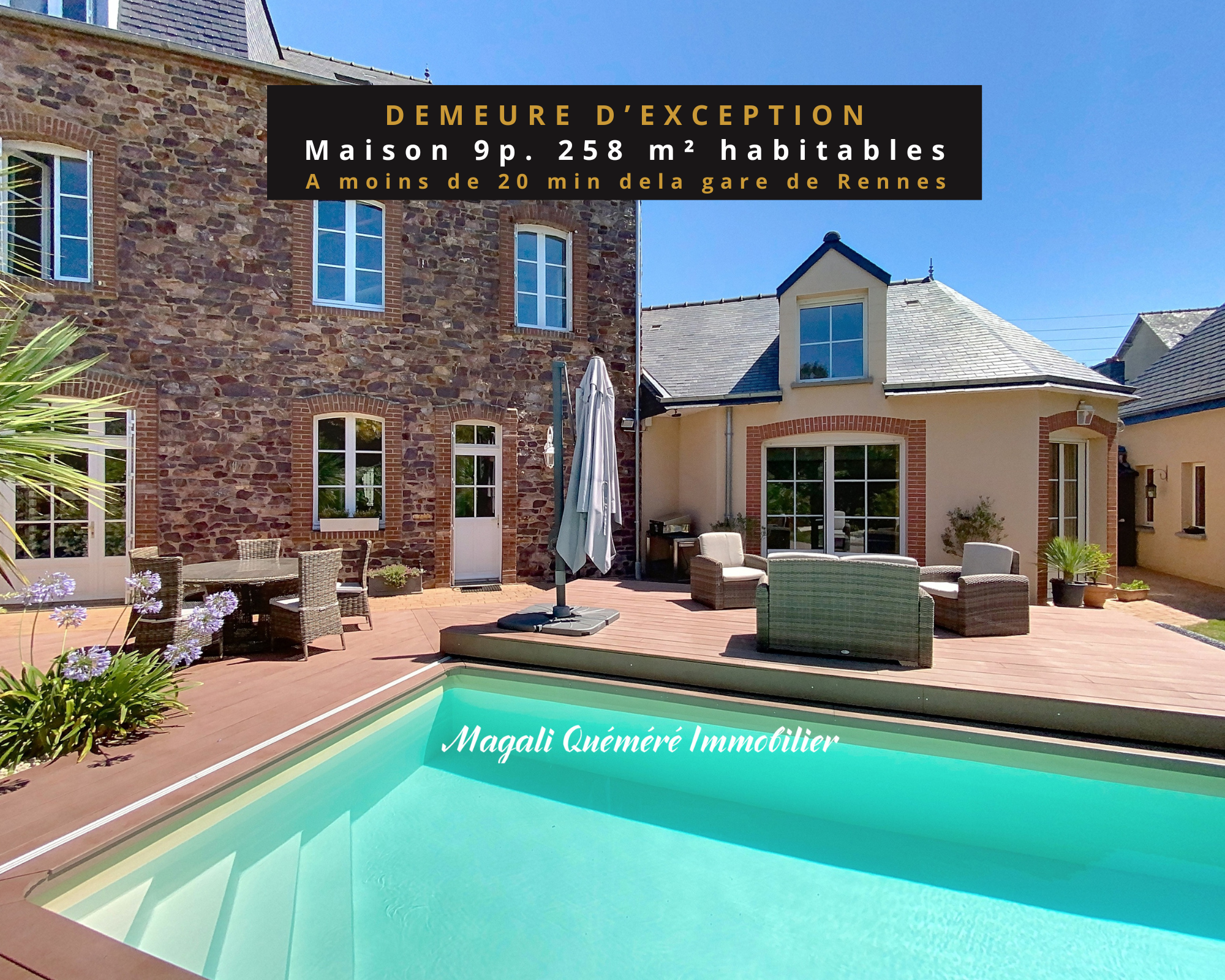 Demeure d’exception à Montfort sur Meu Maison de maître en pierres avec extension contemporaine et piscine, Montfort sur Meu.