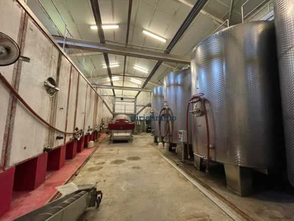 Interior of a wine cellar with stainless steel tanks and winemaking equipment.