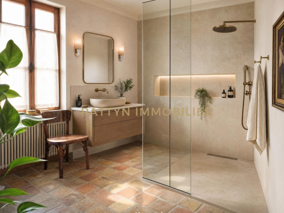 Modern bathroom with walk-in shower and sink, decorated with plants