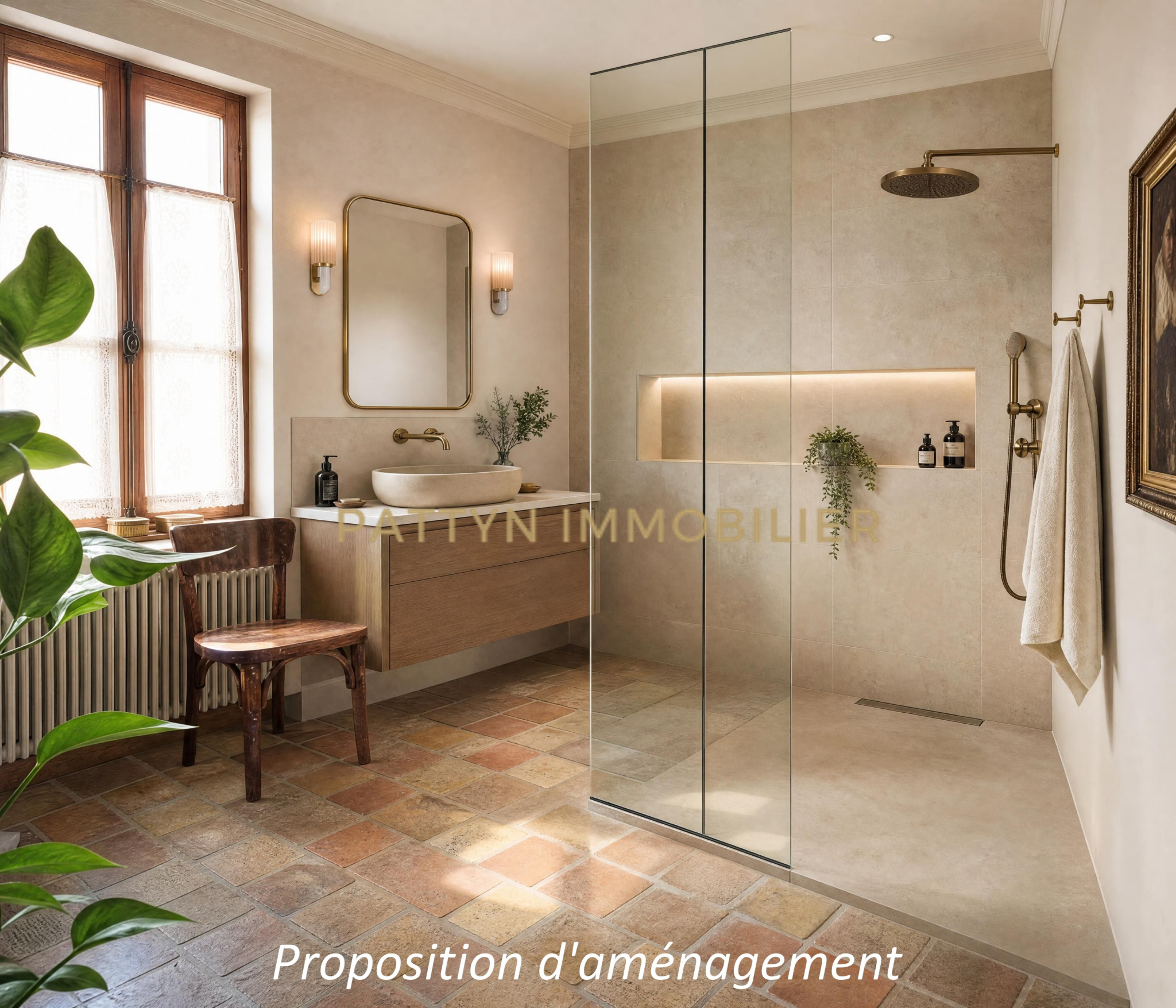 Modern bathroom in Tramoyes Modern bathroom with walk-in shower and sink, decorated with plants
