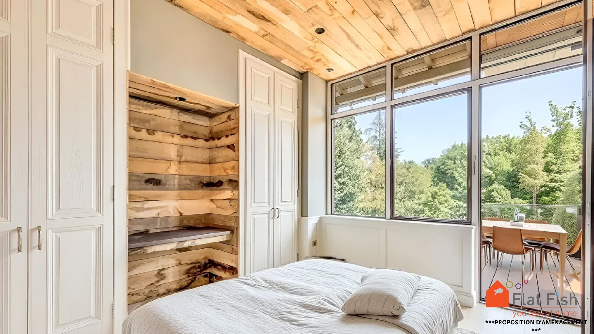 Chambre rénovée avec vue Chambre lumineuse avec vue sur le jardin, murs en bois et lit simple.