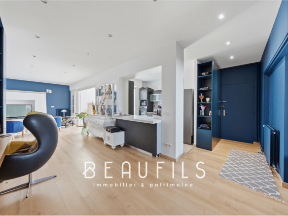 Interior of a modern apartment with living room, open kitchen and entrance, Le Grau-du-Roi.