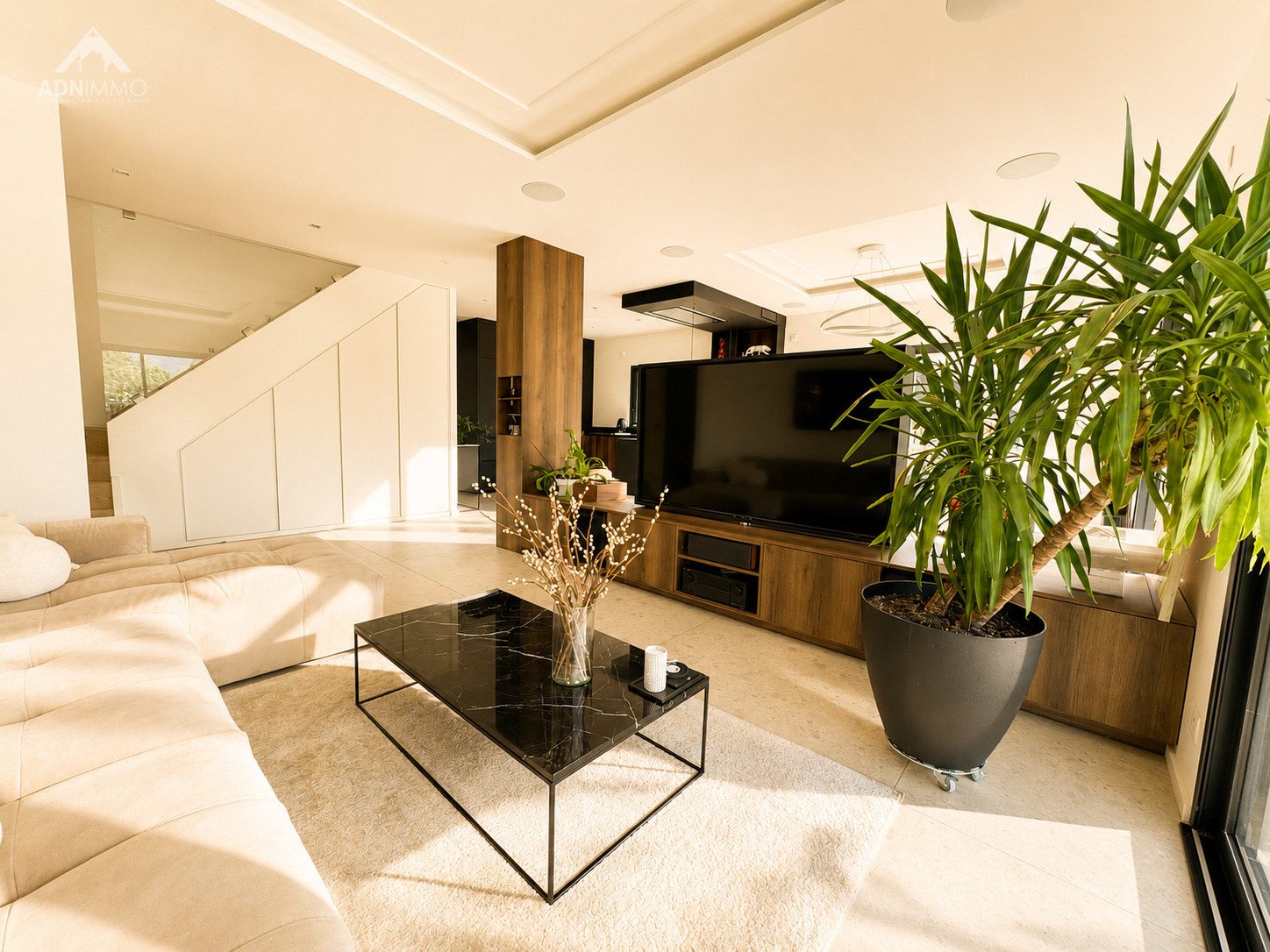 Salon moderne d’une maison à Saint-Genis-Pouilly Intérieur d'une maison contemporaine avec salon lumineux, canapé et télévision.