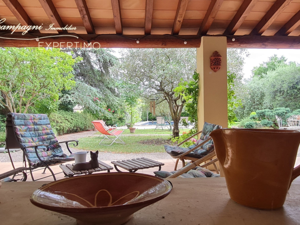 View from a house with garden, swimming pool and garden furniture in Mazan.
