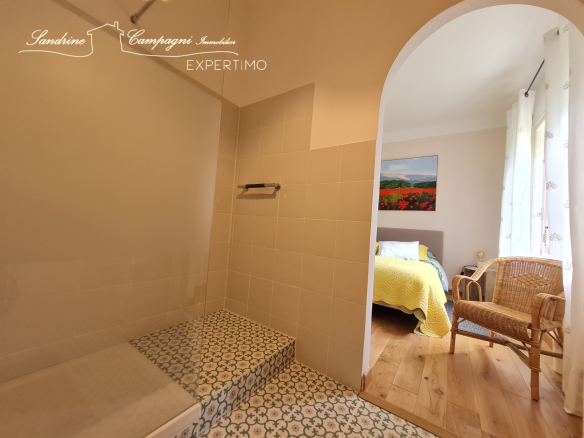 Bathroom with shower and adjacent bedroom, decorated in a modern style.