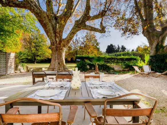 Table en bois dressée pour un repas en extérieur sous des arbres dans un parc.