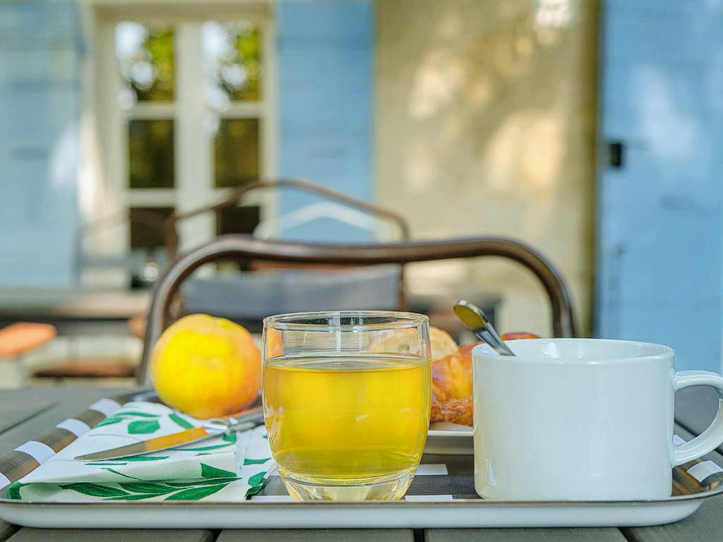 Petit déjeuner en extérieur Plateau avec un verre de jus, une tasse blanche et des fruits sur une table en extérieur.