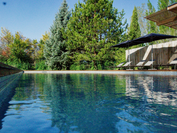 Vue de la piscine chauffée dans un parc verdoyant près de L'Isle-sur-la-Sorgue
