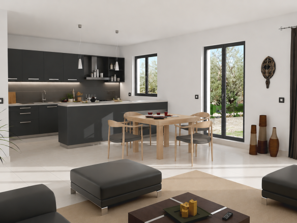 Intérieur d'un chalet rénové avec salon, cuisine moderne et salle à manger, fenêtres donnant sur l'extérieur.