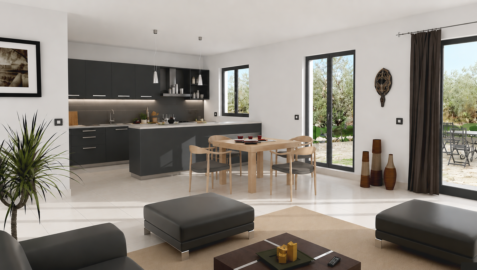 Intérieur d'un chalet rénové avec salon, cuisine moderne et salle à manger, fenêtres donnant sur l'extérieur.