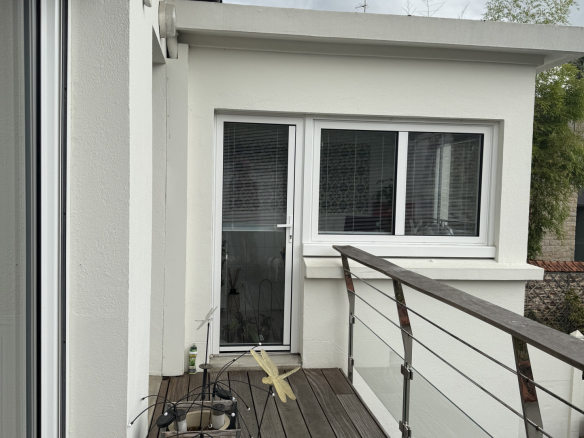 Balcon d'une maison moderne avec des pots de fleurs et un garde-corps en verre.