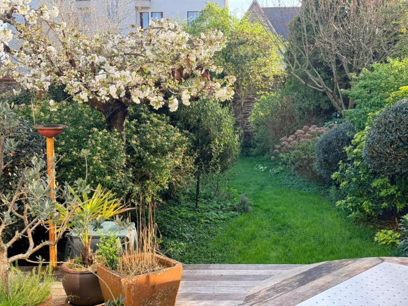 Jardin verdoyant avec arbres et fleurs, maison de caractère à Rennes