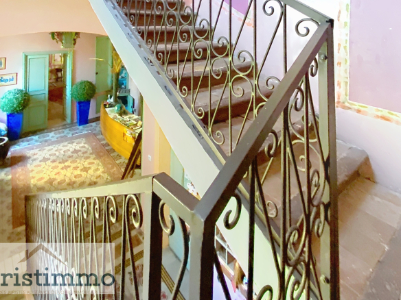 Wrought iron staircase in a private mansion with an entrance hall and decorative elements.