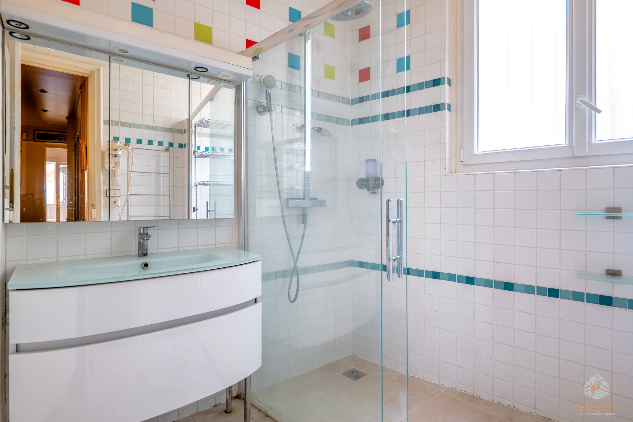 Modern bathroom Modern bathroom with glass shower and colorful tiles.