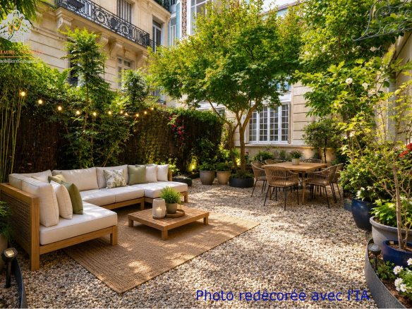 Private garden with lounge and dining table, Paris 17th