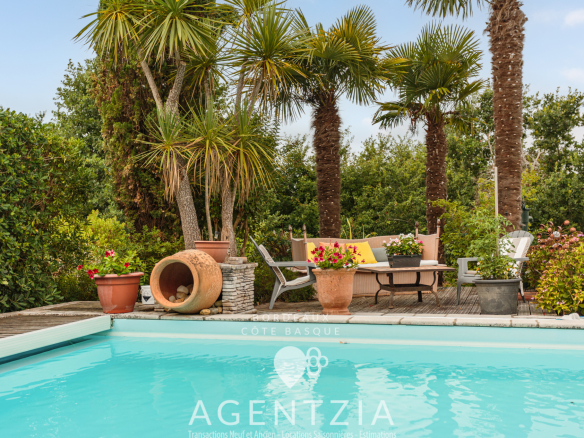 Piscine entourée de palmiers et de verdure dans une villa à Bassussarry.